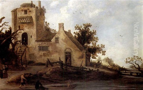 A Landscape With Cottages On The Banks Of A River Oil Painting by Reyer Claesz Suycker