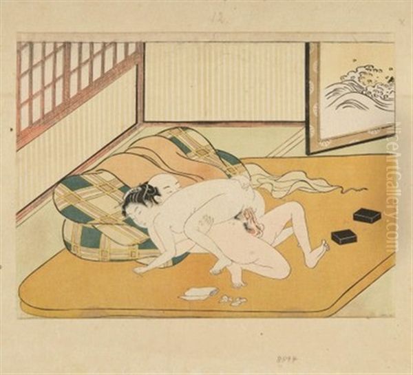 Liebespaar Auf Gelbem Tatami, Rechts Im Hintergrund Ein Byobu (chuban, Yoko-e) Oil Painting by Harunobu Suzuki