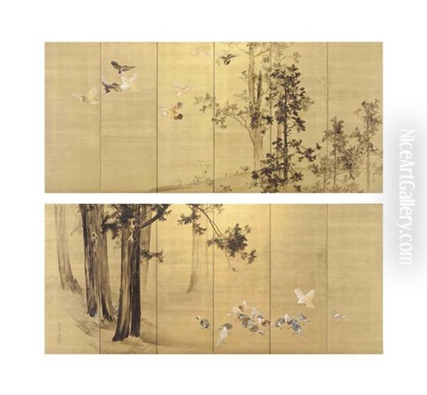 Birds And Pine Trees (pair) by Kason Suzuki