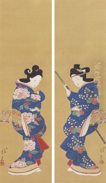 Beauty And Dandy In Kanbun Style (pair) Oil Painting by Kiitsu Suzuki