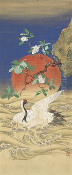 Crane, Waves And Peach Tree Oil Painting by Kiitsu Suzuki