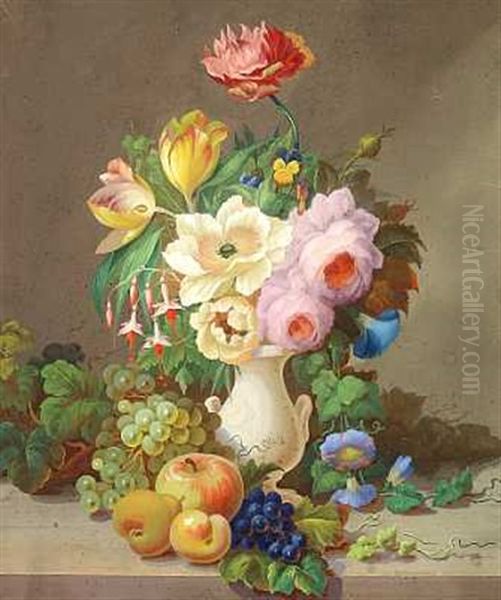 Sommerblomster I En Vase Pa En Karm, Hvorpa Frugter Oil Painting by Johan Christian Frederik Svanekiaer