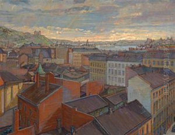 Utsyn Fra Enerhaugen Over Oslo Med Havnen Oil Painting by Anders Castus Svarstad