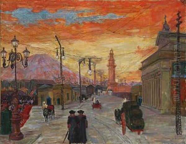 View Of Naples With Mount Vesuvius In The Background Oil Painting by Anders Castus Svarstad