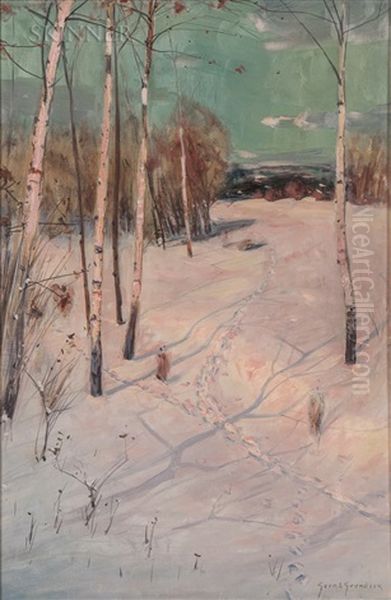 Birches And Snow Oil Painting by Svend Rasmussen Svendsen