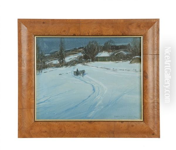 Sled Leaving A Wintery Farm Oil Painting by Svend Rasmussen Svendsen