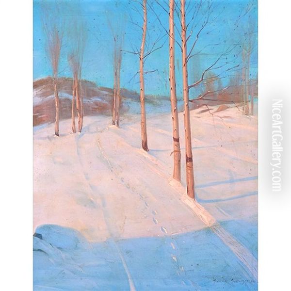 Moonlit Snow Scene Oil Painting by Svend Rasmussen Svendsen