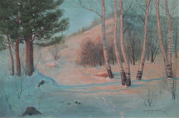 Sunset Glow On The Winter Hillside Trail Oil Painting by Svend Rasmussen Svendsen