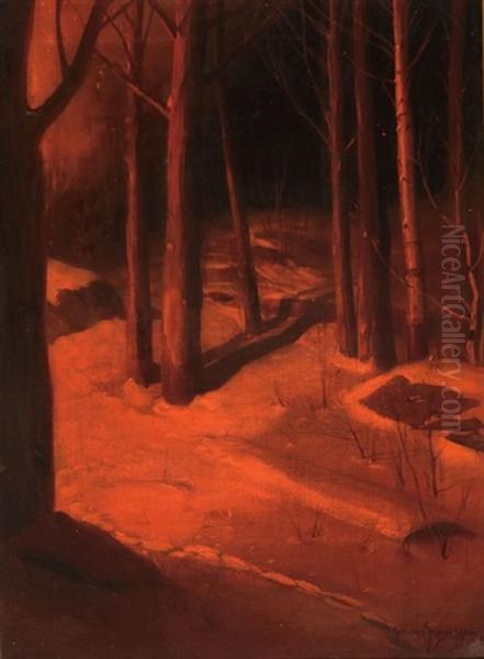 Nocturnal Forest Scene Oil Painting by Svend Rasmussen Svendsen