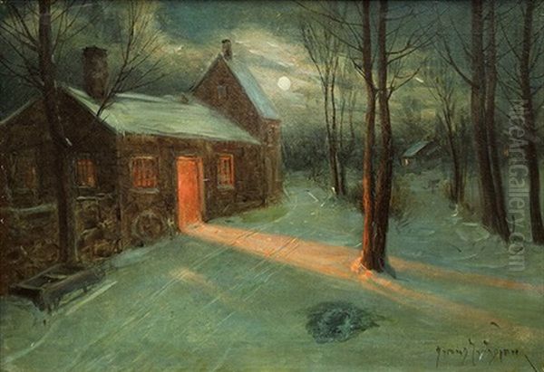 Snow Scene With House In The Moonlight Oil Painting by Svend Rasmussen Svendsen