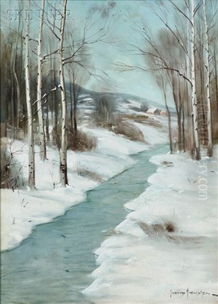 Stream In Winter Oil Painting by Svend Rasmussen Svendsen