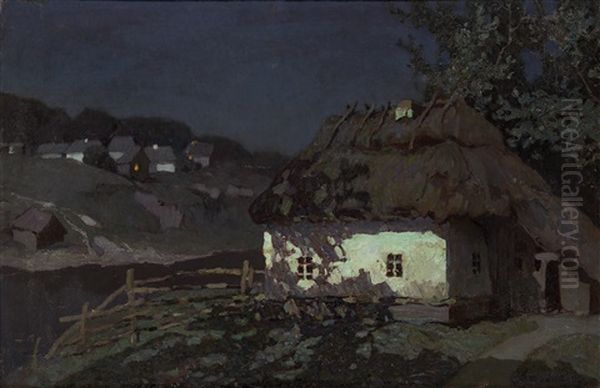 Ukrainian Village By Moonlight Oil Painting by Grigory Petrovich Svetlitsky