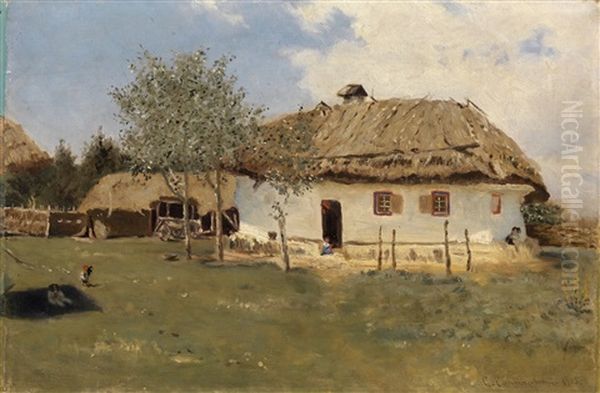 Peasant Hut In Ukrainian Village Oil Painting by Sergei Ivanovich Svetoslavsky