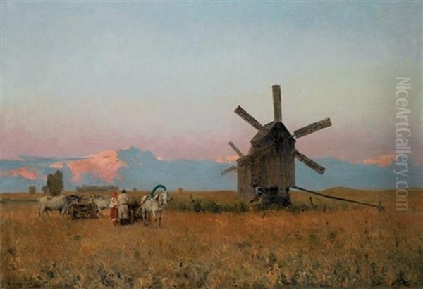 Landscape With Windmill Oil Painting by Sergei Ivanovich Svetoslavsky