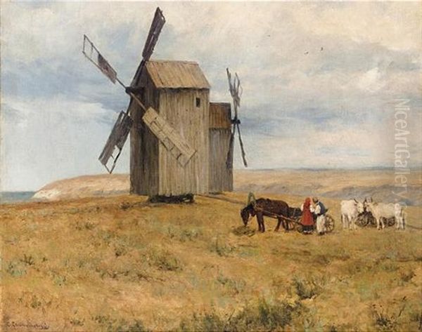 Windmill On The Plain Oil Painting by Sergei Ivanovich Svetoslavsky