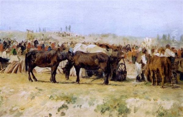 Scene Du Marche En Russie Oil Painting by Sergei Ivanovich Svetoslavsky