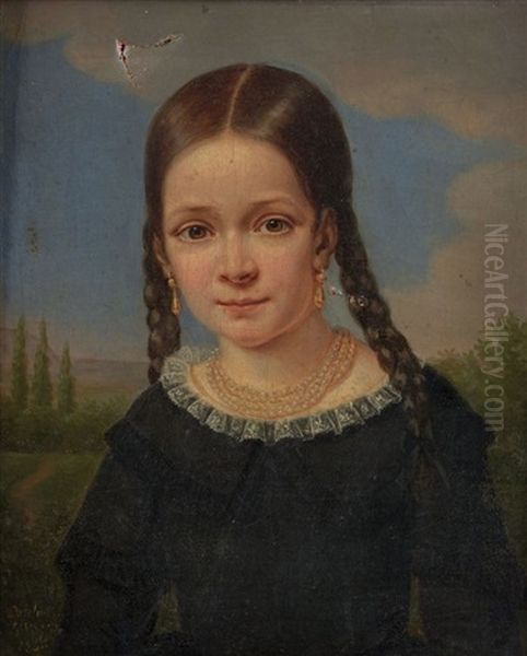 Portrait D'une Petite Fille Sur Fond De Paysages (+ Portrait D'un Jeune Garcon Sur Fond De Paysages; Pair) Oil Painting by Elisabeth Swagers