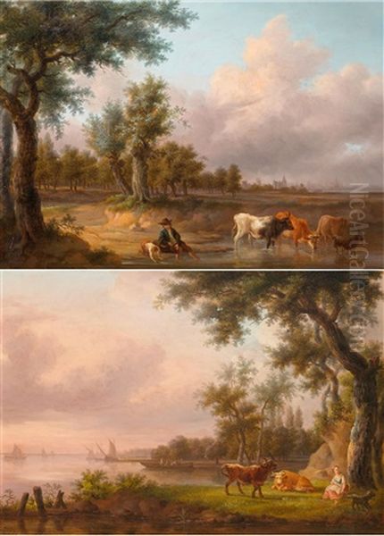 Pair Of Works: A Seascape With A Shepherdess / A Seascape With A Shepherd Oil Painting by Frans Swagers