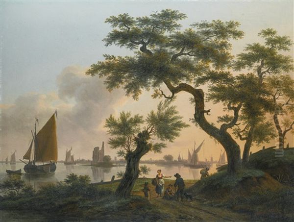 Landscape With An Estuary, With Shipping On The Water And Figures On The Path In The Foreground by Frans Swagers