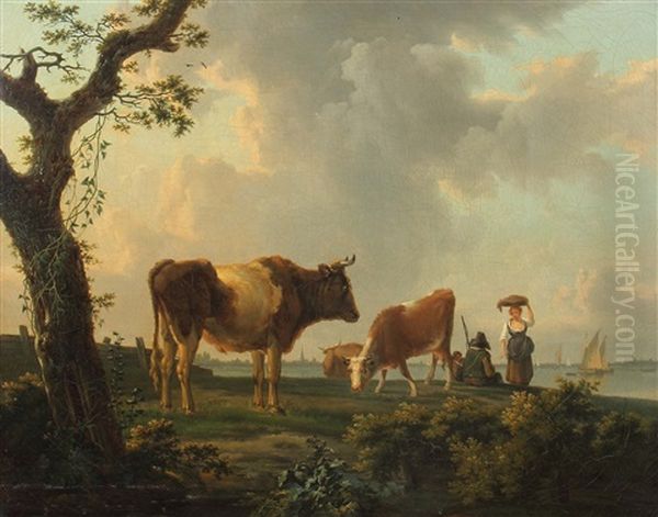 Hirten Bei Ihren Kuhen Auf Einer Uferwiese Oil Painting by Frans Swagers