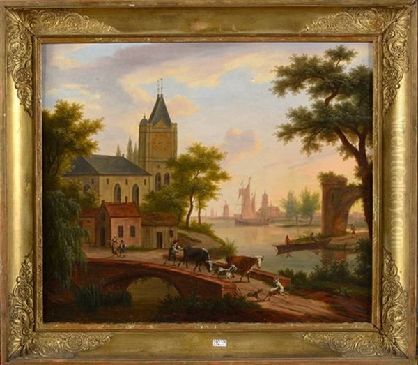 Paysan Passant Le Pont Avec Son Troupeau Oil Painting by Frans Swagers