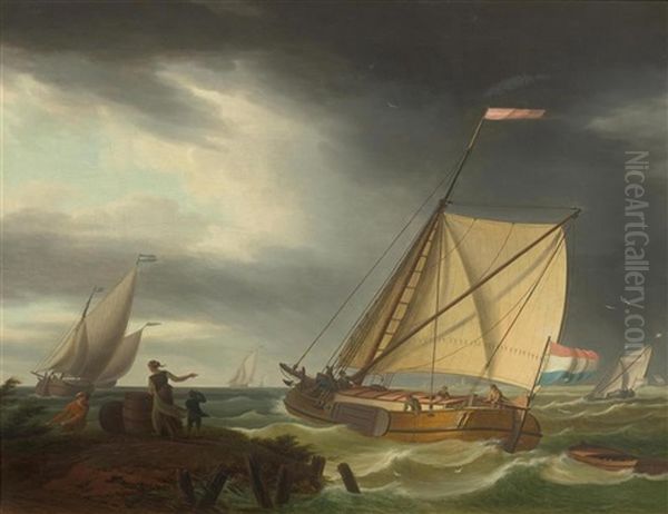 Dutch Ships On A Stormy Sea Oil Painting by Frans Swagers