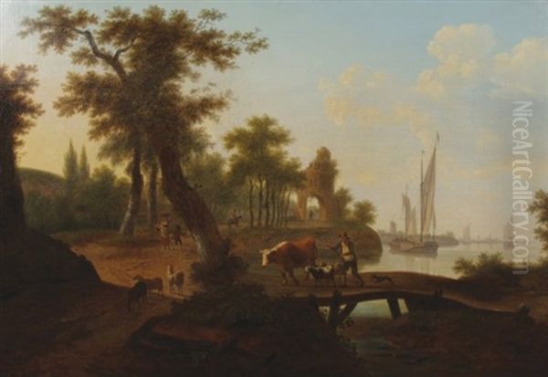 Wooded Landscape With Driver And Livestock Crossing A Bridge, A Town Beyond Oil Painting by Frans Swagers