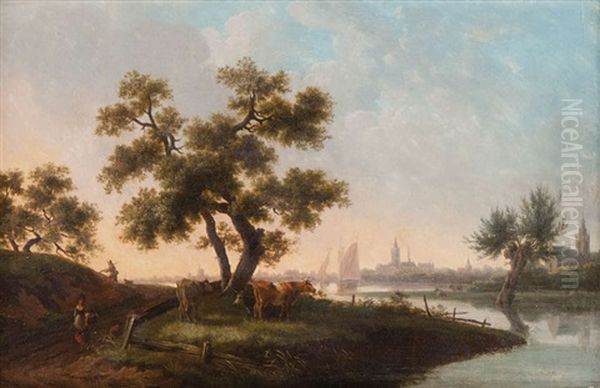 Paysage Fluvial En Hollande Anime De Betail, Une Ville A L'arriere-plan Oil Painting by Frans Swagers