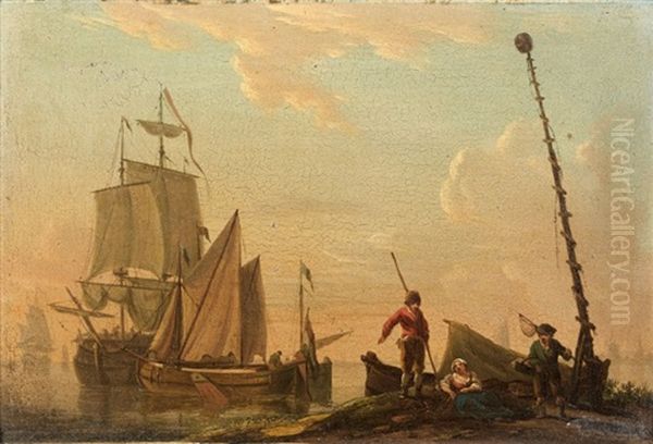 Navires De Peche Sur Un Littoral Anime De Personnages (pair) Oil Painting by Frans Swagers