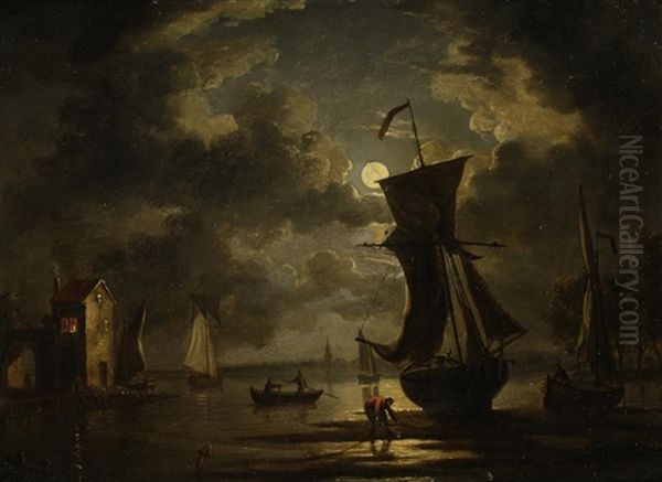 Boats In The Moonlight Oil Painting by Francis Swaine