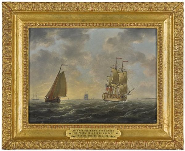 An English Man-o'-war And Other Shipping In A Fresh Breeze Oil Painting by Francis Swaine