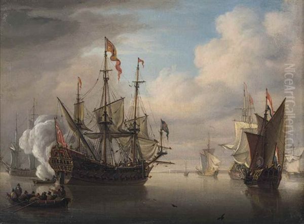 An English Two-decker, Probably With The King Aboard, Making Ready To Depart From Her Offshore Anchorage, And According A Dutch Admiralty Yacht The Usual Salute As She Passes Oil Painting by Francis Swaine