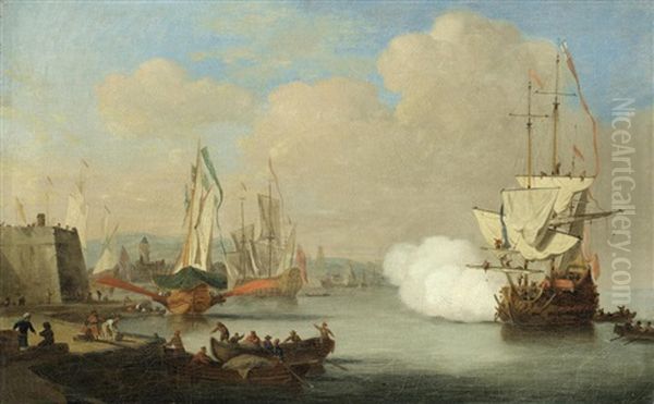 A Capriccio Of A Mediterranean Harbour Scene With An English Man O' War Firing A Salute Oil Painting by Francis Swaine