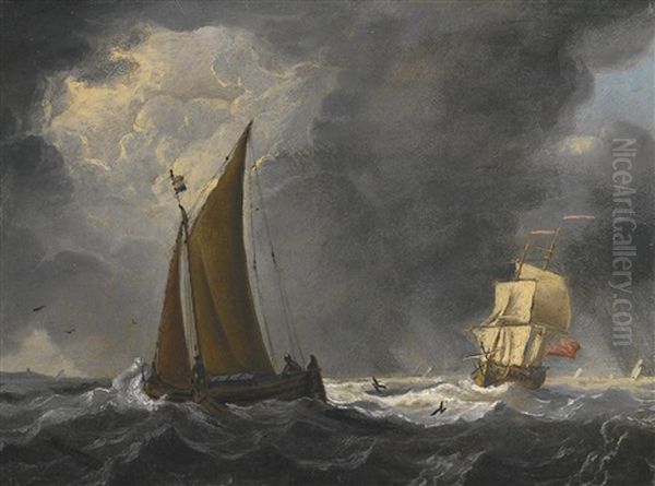 Fishing Boats In An Estuary; And Shipping In A Storm Oil Painting by Francis Swaine