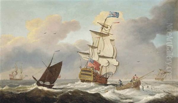 A Two-decker Of The Red Squadron Running Down The Channel Leaving Fishermen Hauling In Their Catch In Her Wake Oil Painting by Francis Swaine