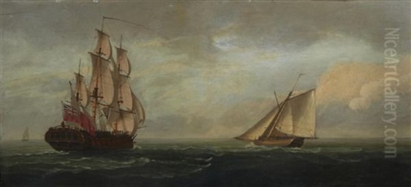 The British Frigate, H.m.s. Flora With A Schooner Crossing Oil Painting by Francis Swaine