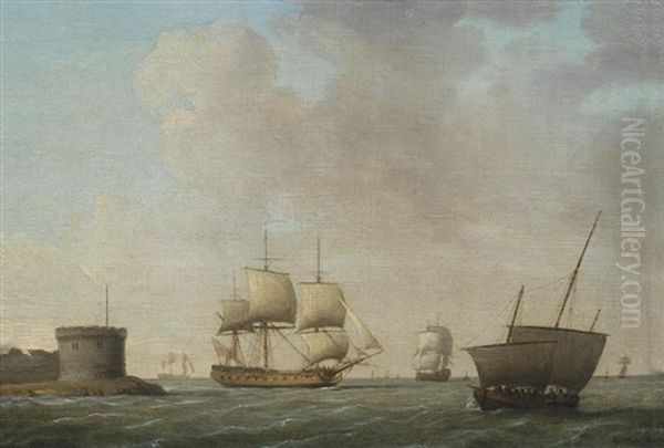 A Frigate Passing A Crowded Revenue Lugger, In Congested Waters Off Portsmouth Harbour Oil Painting by Francis Swaine