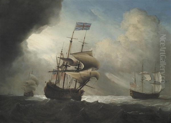 Warships Shortening Sail In A Breeze Oil Painting by Francis Swaine