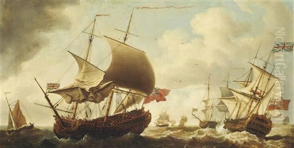 A British Warship In Three Positions In The Channel Oil Painting by Francis Swaine