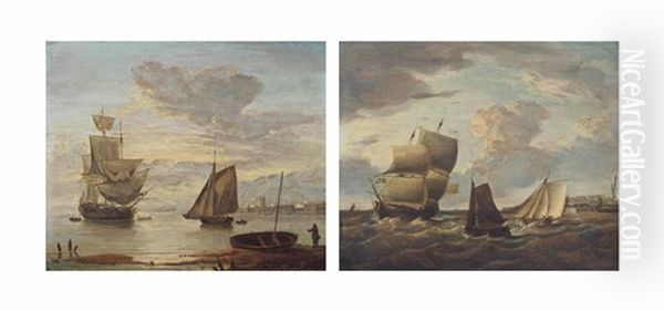 A Royal Navy Frigate At Anchor And Drying Her Sails Off Sheerness (+ A Royal Navy Warship And River Craft Off The Dockyard At Chatham (both Illustrated); Pair) Oil Painting by Francis Swaine