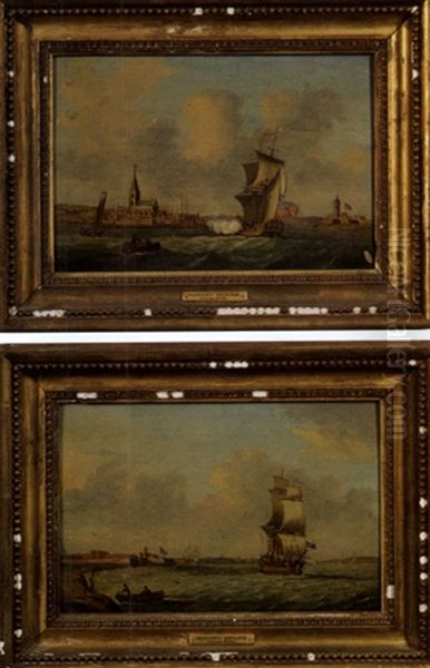 British Naval Harbor Scene (+ Another, Similar; 2 Works) Oil Painting by Monamy Swaine