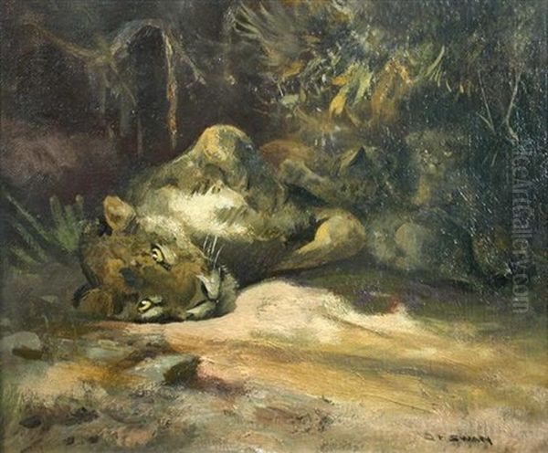 Lioness With Cubs Oil Painting by Cuthbert Edmund Swan