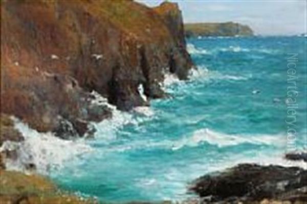 View From The Rocky Coast Of Kynance Cove, England Oil Painting by John Macallan Swan