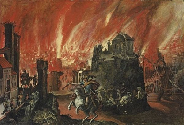 The Fall Of Troy Oil Painting by Willem Isaaksz Swanenburgh the Elder