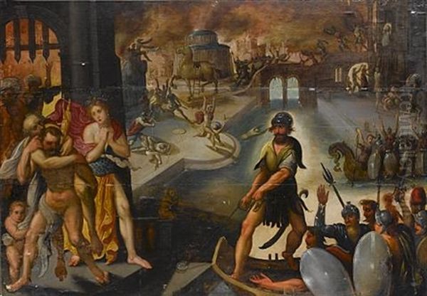 Aeneas And Anchises Fleeing The Burning City Of Troy Oil Painting by Jakob Isaacsz Swanenburgh