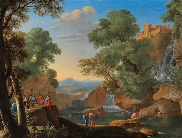 A Rocky Landscape With Figures Fishing By A Stream Oil Painting by Herman Van Swanevelt