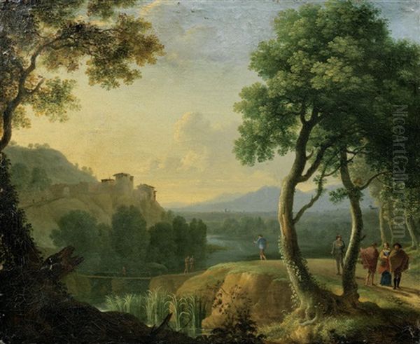 An Italianate River Landscape With Figures Gathered On The Banks, A Village Beyond Oil Painting by Herman Van Swanevelt