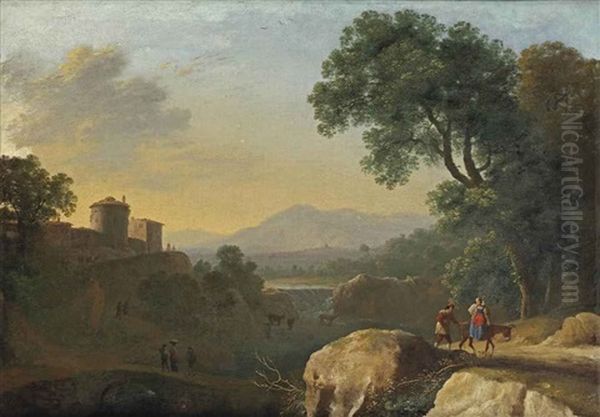 An Italianate River Landscape With Travellers On A Path, A Town Beyond Oil Painting by Herman Van Swanevelt