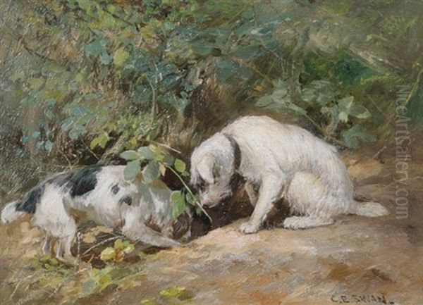 Terriers At Rabbit Hole Oil Painting by Cuthbert Edmund Swann