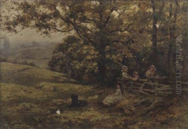 Children At Rest On The Edge Of A Wood Oil Painting by Harold Joseph Swanwick